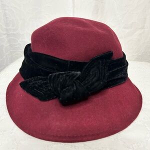 Scala Collezione Burgundy and Black 100% Wool Women's Hat with black velvet Bow